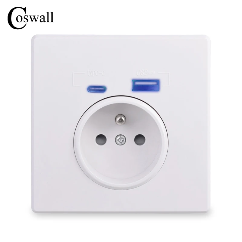 COSWALL Type-C Interface Outlet, Wall PC / Acrylic Panel EU Russia Spain French Standard Socket With USB Charge Port White Black