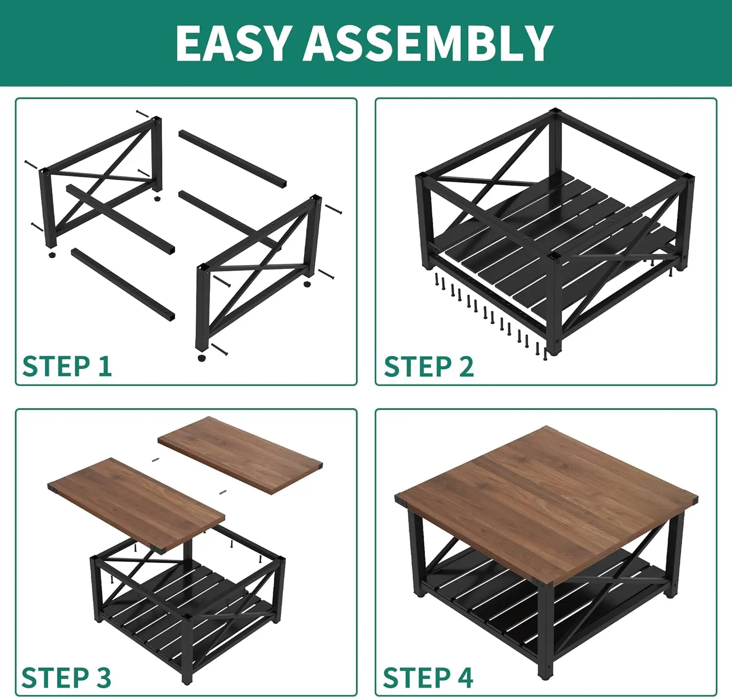 Square Coffee Table for Living Room, Vintage Living Room Table with Shelf, Coffee Table with Storage