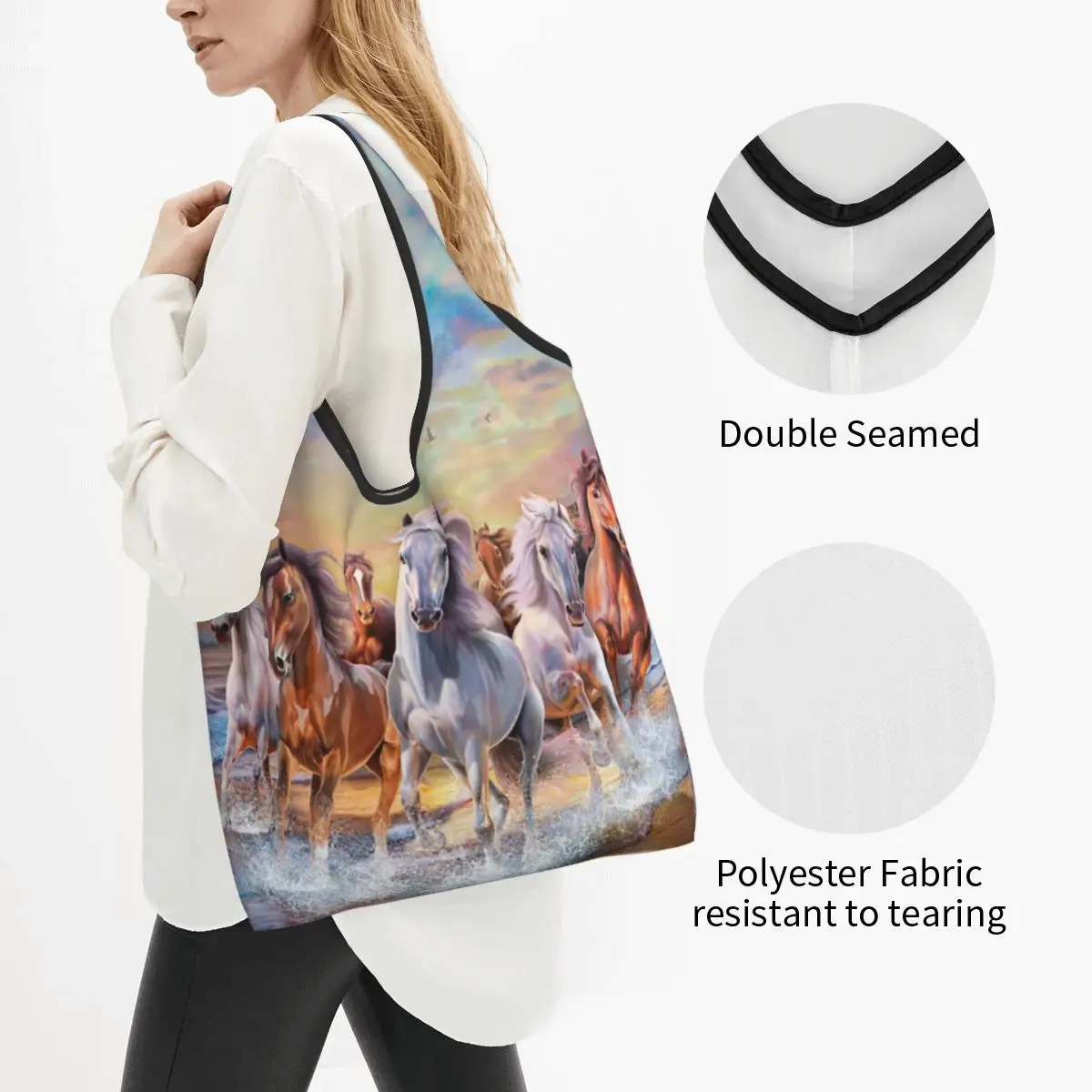 Custom Classic Horse Running Painting Boodschappen Boodschappen Draagtassen Vrouwen Grappige Shopper Schoudertassen Grote Capaciteit Handtassen