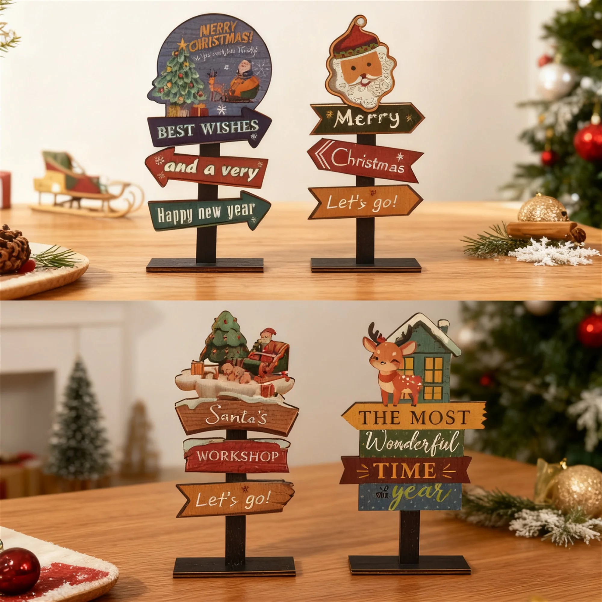 

Set of 4 Rustic Wooden Reindeer Table Centerpieces with Santa and Snowman Signs - Farmhouse Holiday Decor for Home