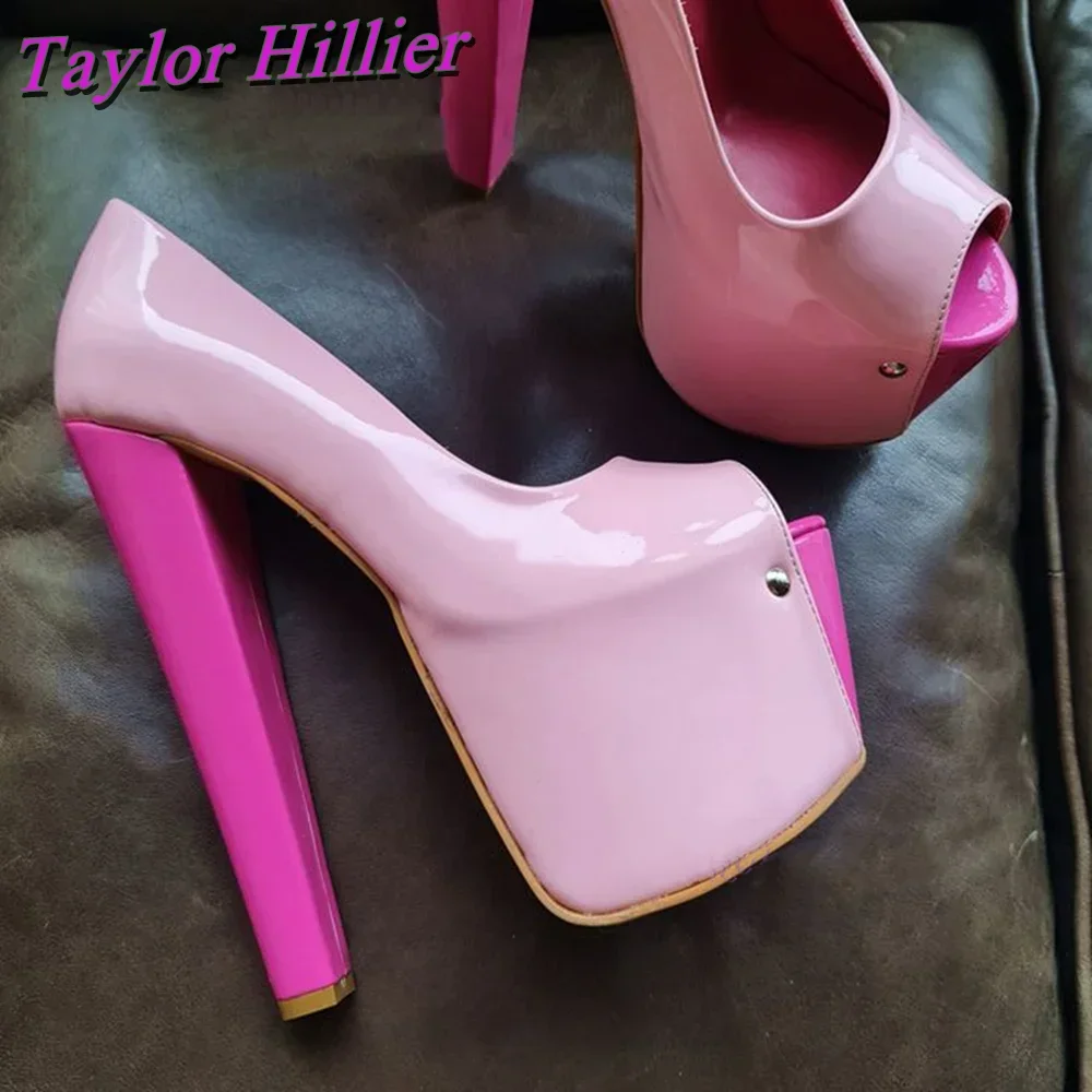 

Candy Pink Platform Pumps Peep Toe Heels Slip On Cover Heel Heeled Sandals Summer Pull On Sweetbaby Catwalk Dating Women Shoes