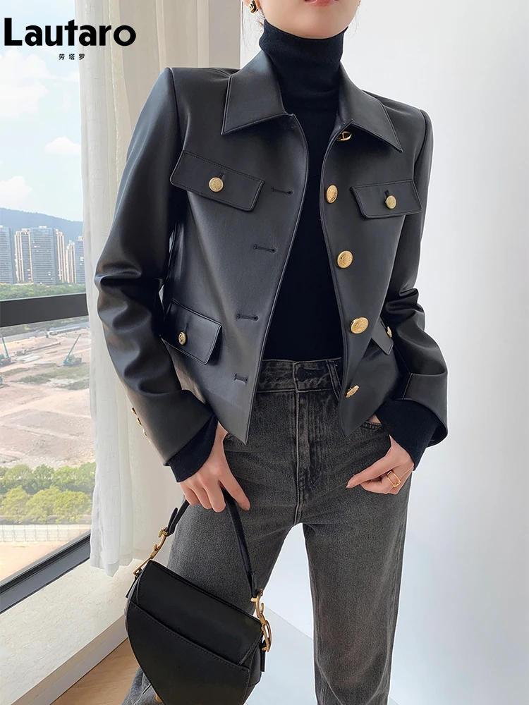 Lautaro Spring Autumn Luxury Elegant Black Pu Leather Jacket Women with Gold Buttons Long Sleeve Runway European Fashion 2024