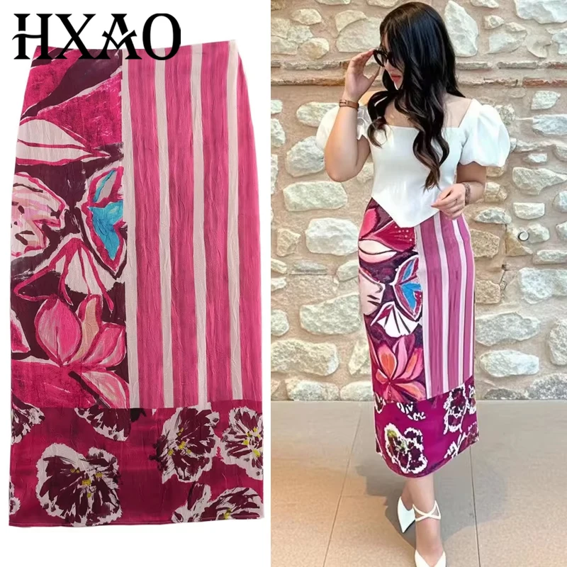 HXAO Satin Print Skirts For Women Summer 2025 Women's Skirt Midi High Waist Skirt Floral Slit Long Skirts Elegant Fashion Skirt