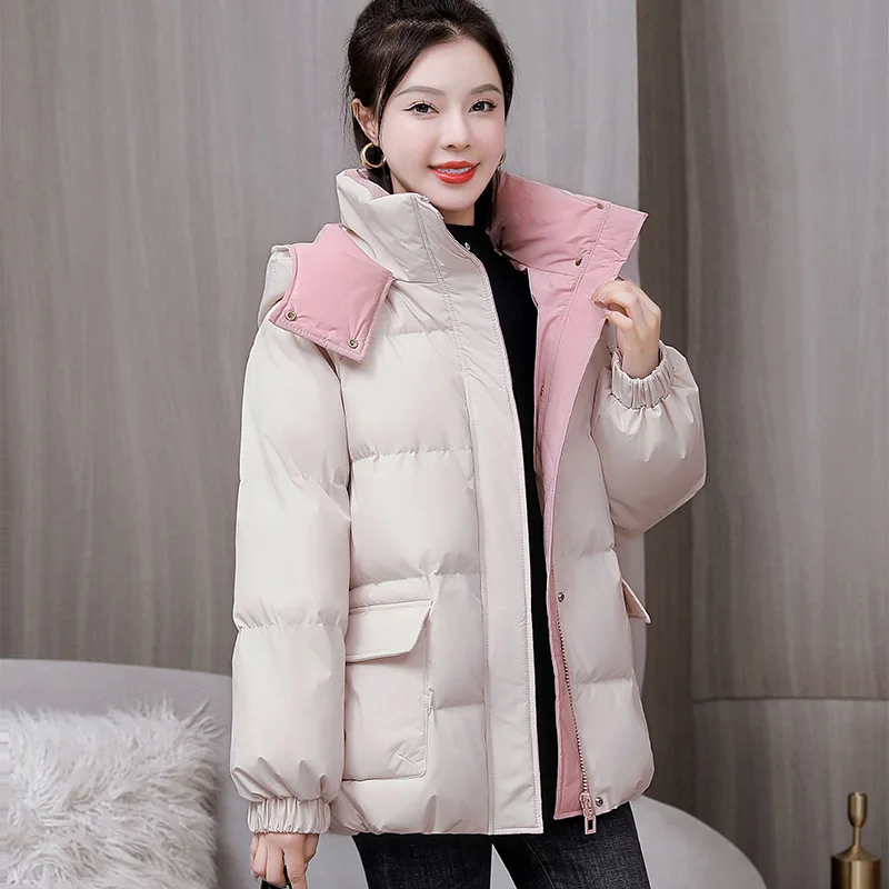 Women Autumn Winter Thicken Warm Parka Female Casual Solid Color Big Pocket Loose Hooded Short Coat Jackets Outwear