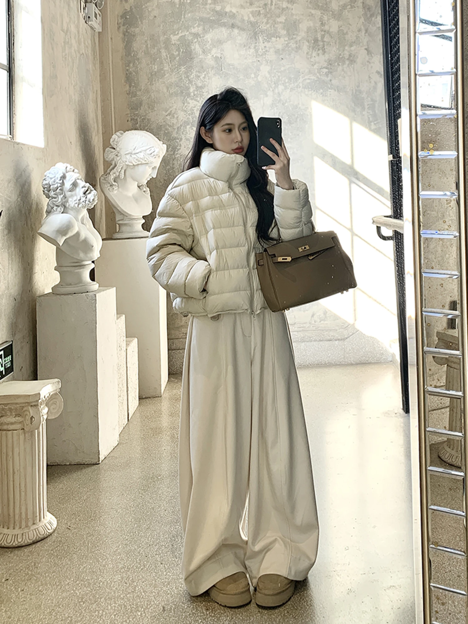 

Withmxboom ey Home 90 down ort Stand Collar Bread Sle Women's Winter Loose Casual Warm Coat White Du down Filling