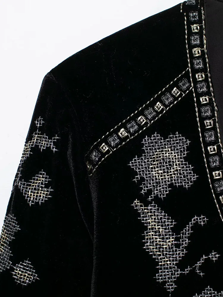 Wanita 2025 Musim Gugur Vintage Kerah O Bordir Geometris Floral Mantel Beludru Pendek Wanita Karir Lengan Panjang Jaket Luaran Atasan