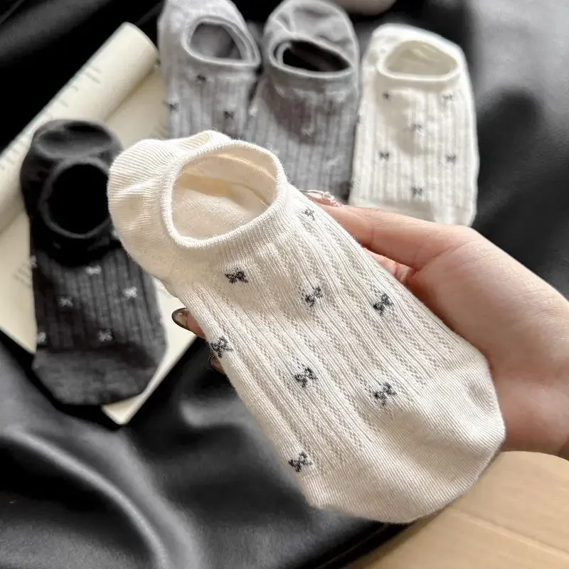 Korean Style Women Ankle Socks with Bow Print, Non-Slip Heel, Summer Breathable Instagram Fashionable Casual Sock