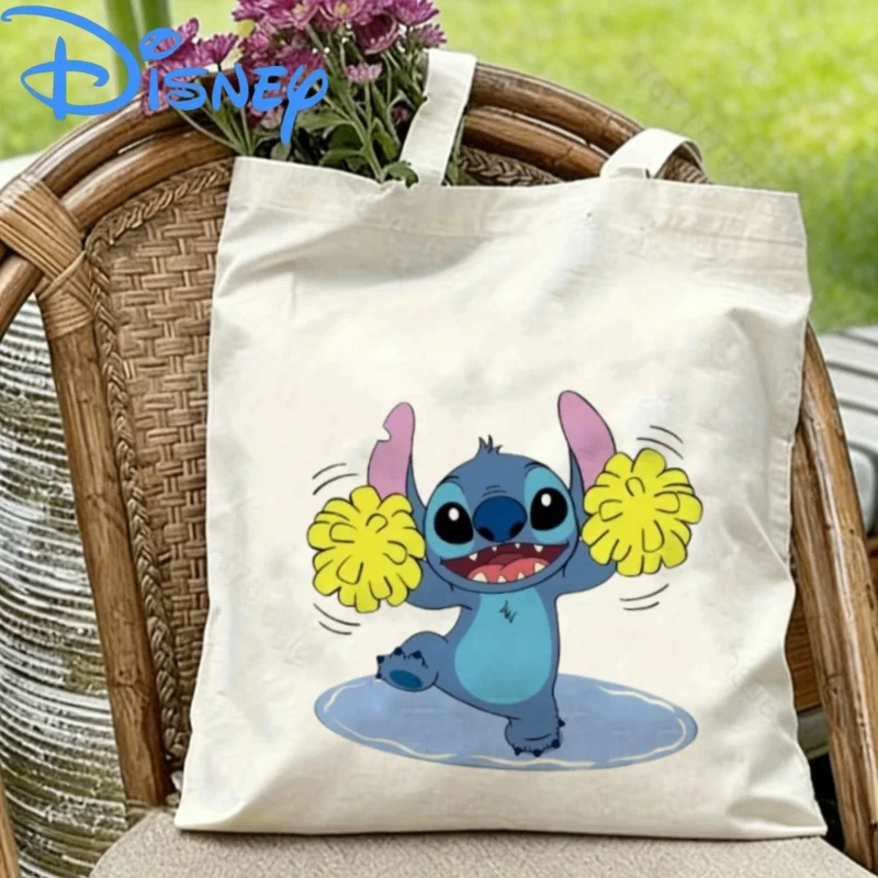 1PC Disney Lilo & Stitch Cheerleader Pose Print Double-sided Canvas Bag Eco Reusable Shoulder Bag