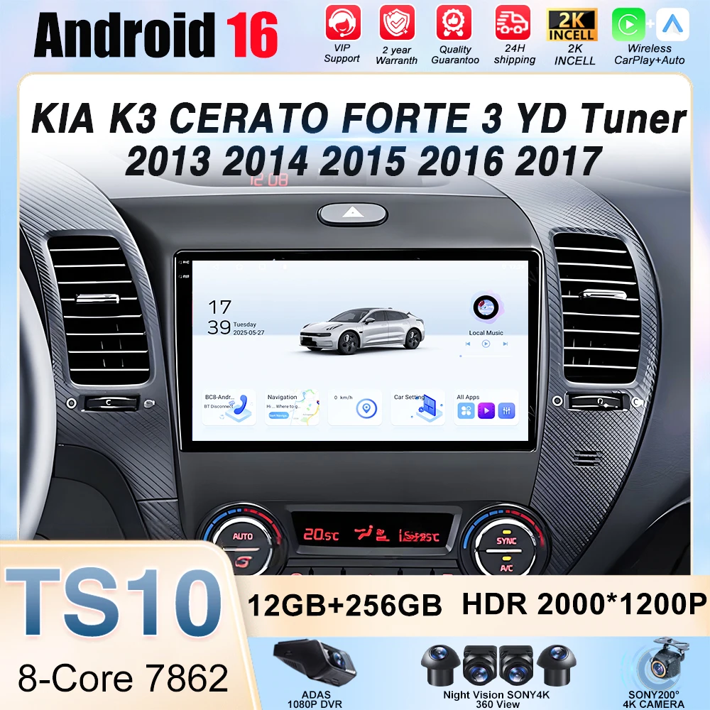Android16 Carplay Auto para KIA K3 CERATO FORTE 3 YD Tuner 2013 2014 2015 2016 2017 Vídeo Rádio Automotivo WIFI+4G DSP Player Multimídia