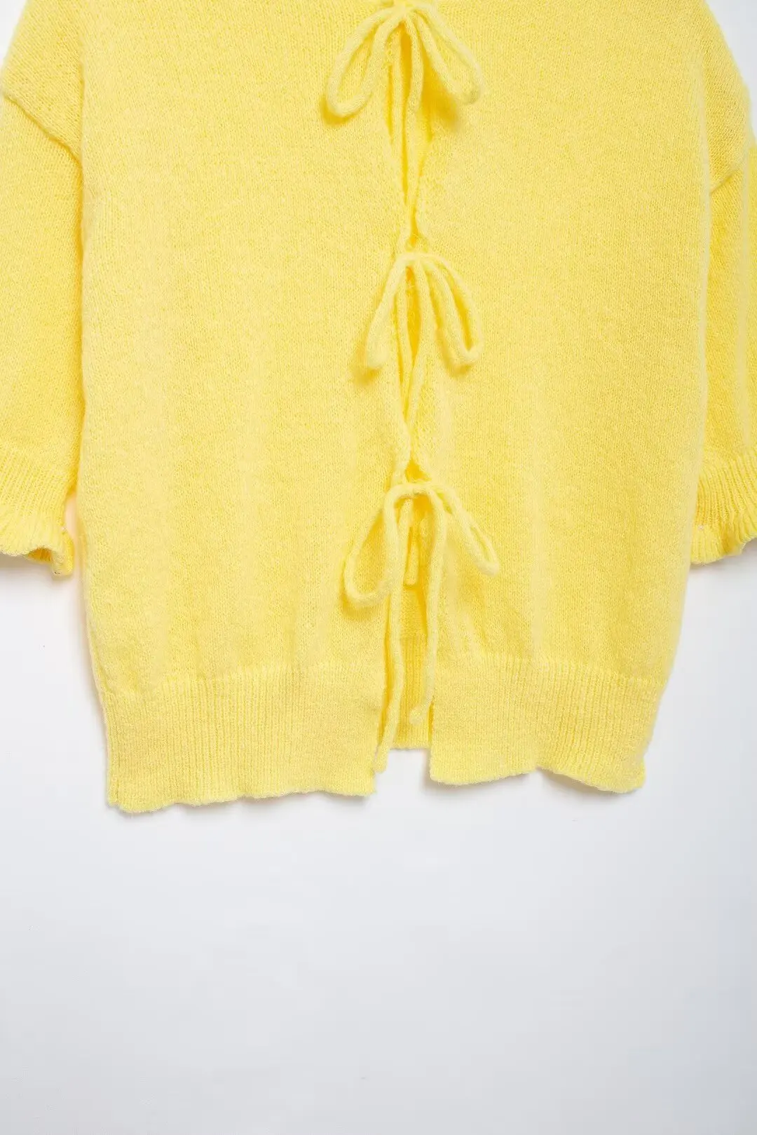 Tangada 2024 Fashion Women Yellow Bow Knitted Sweater Jumper Short Sleeve Cropped Cardigan BE0277