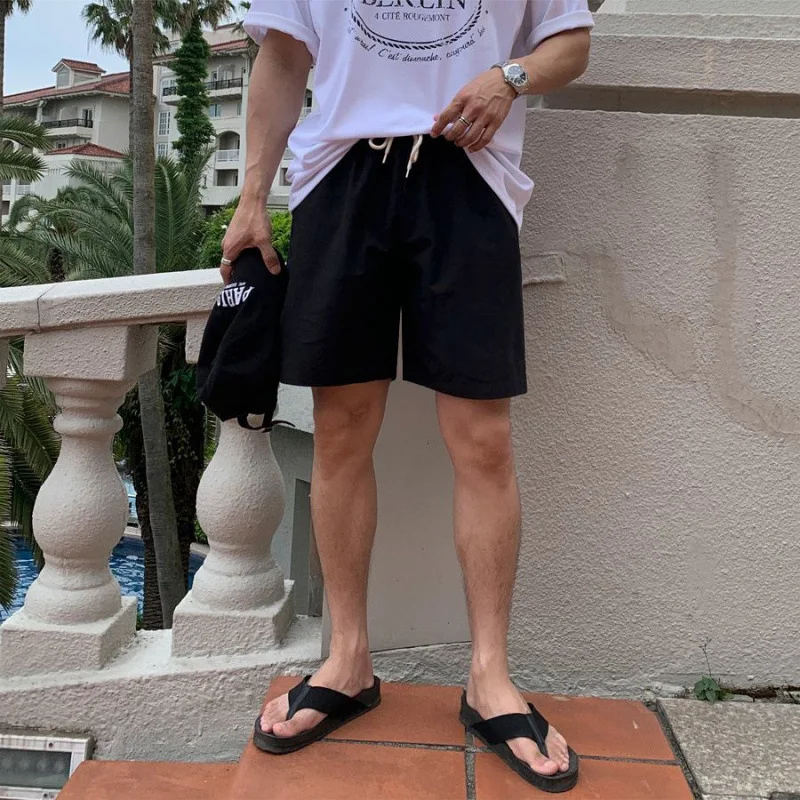 2025 Summer New Fashion Men's Linen Casual Trendy Wide Leg Straight Loose Solid Color Knee Length Drawstring Shorts Male Clothes