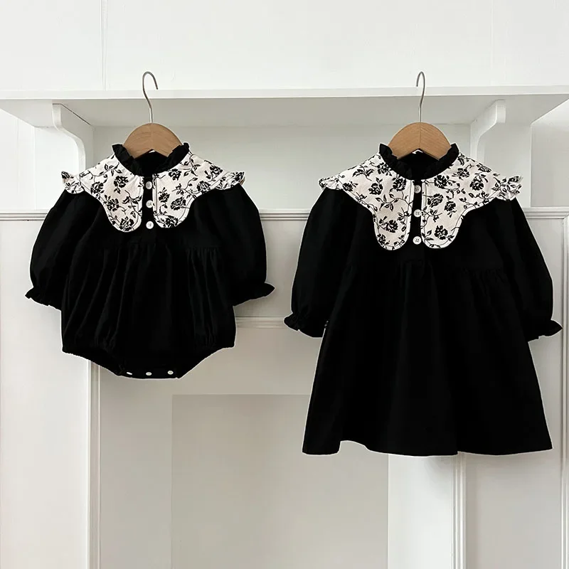 Neue Frühling Schwester Kleidung Säuglings Baby Mädchen Party Kleid Schwarz Braun Vintage Blume Kleinkind Baby Bodys Kinder Prinzessin Kleid