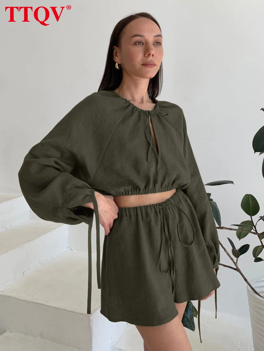

TTQV Fashion Loose Green 2 Pieces Set For Woman 2026 Elegant Long Sleeve Crop Top With High Waist Shorts Set Female Clothing