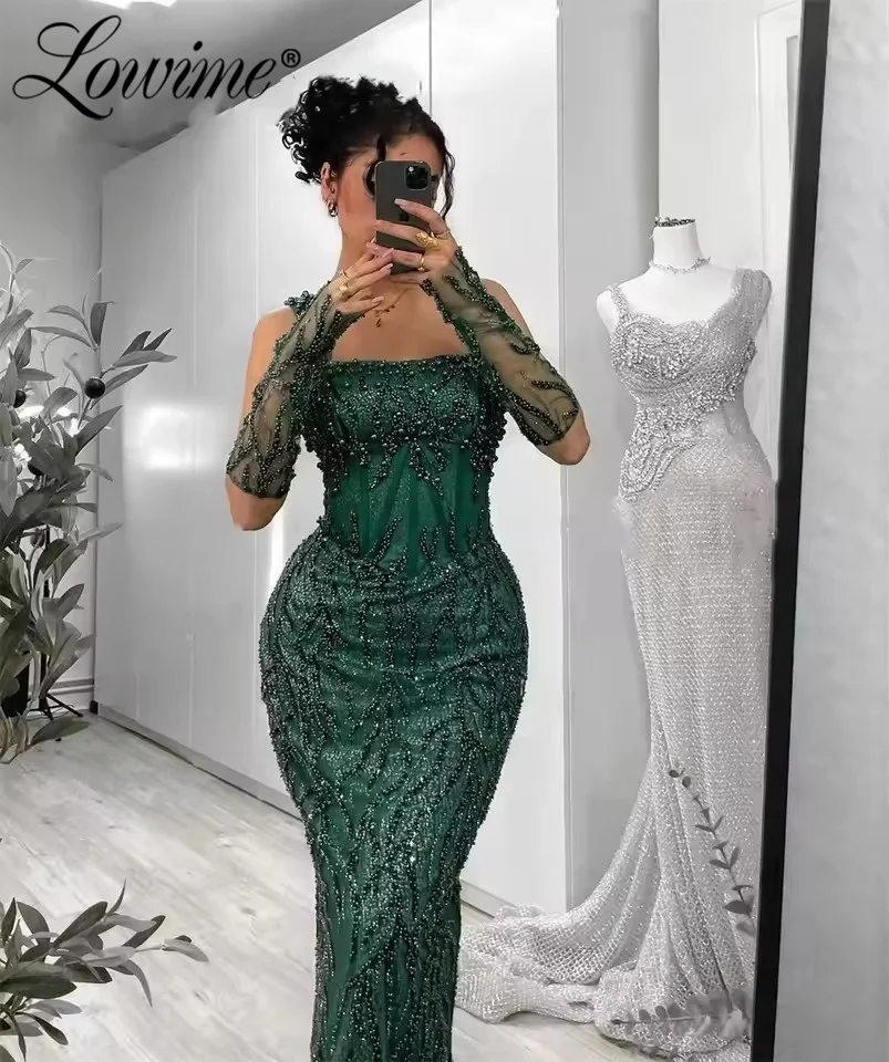 

2026 модное вечернее платье по индивидуальному заказу зеленое платье русалки с бисером для выпускного вечера длинные арабские вечерние платья с перчатками Vestidos De Noche