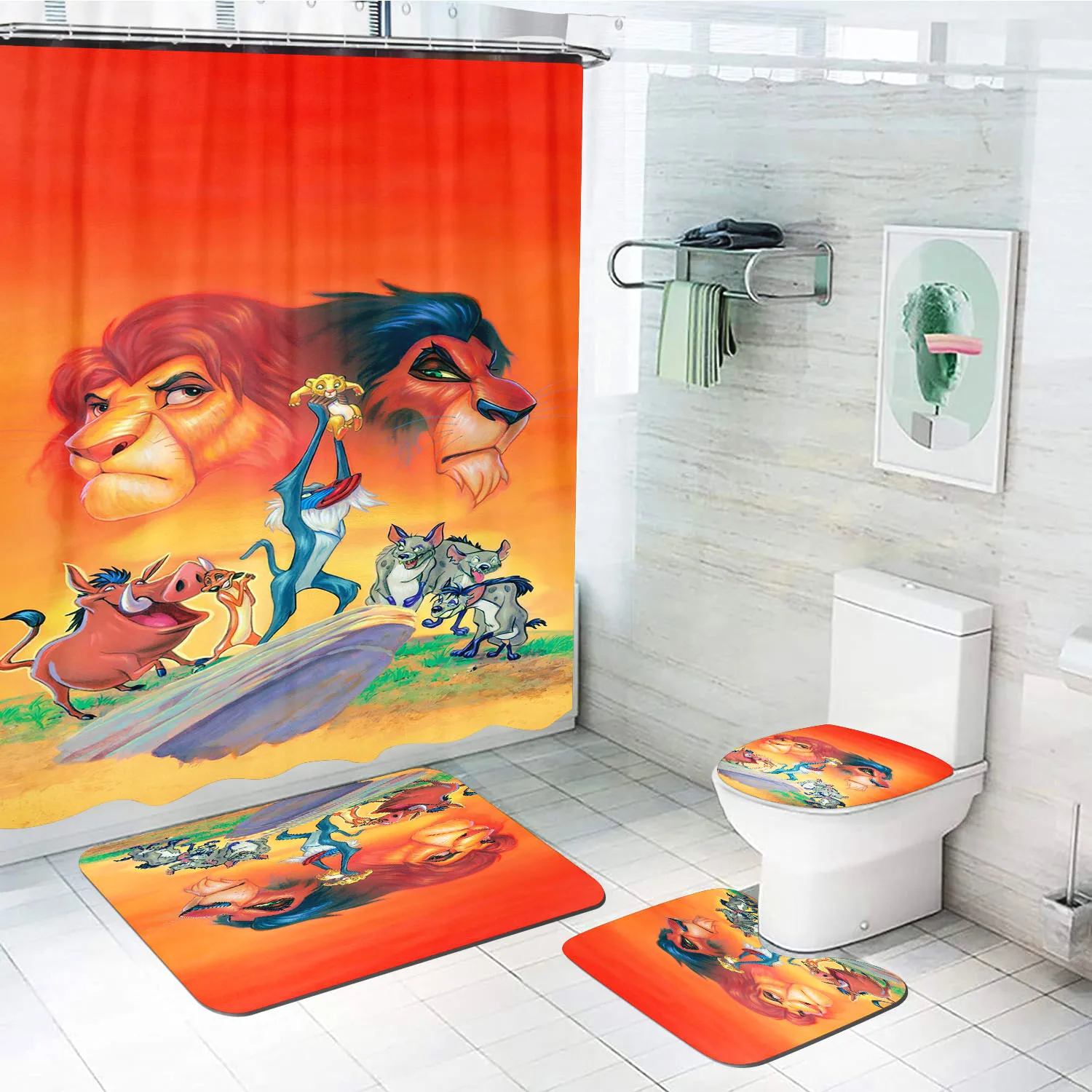 Lion King Simba Shower Bath Set Cute Cartoon Curtain Luxury Accessories Sets Full Mats, Gifts for Boys 4 Pcs