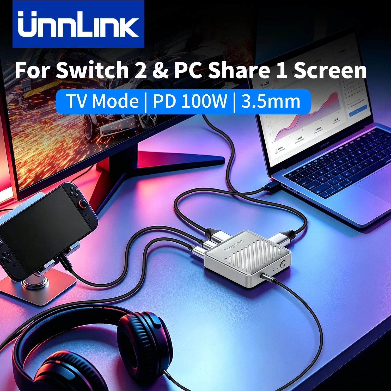 Unnlink HDMI USB C Switch Splitter 2 In 1 Out, HDMI + USB-C to HDMI + 3.5mm Jack + PD 100W for Laptop Macbook Switch2 PS5 to TV