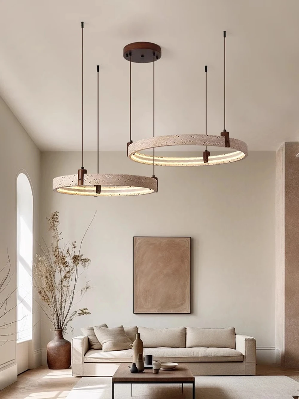 

The pendant light is made of natural white stone with dimming function and decorated with wood, measuring 40-50-60cm GN456TB