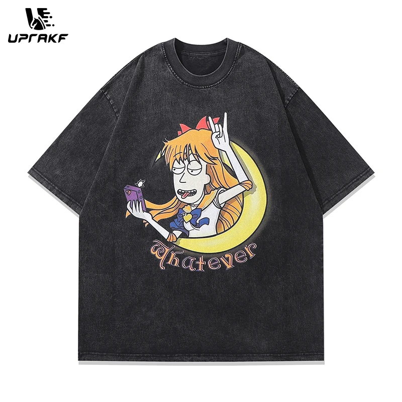 

UPRAKF Vintage T Shirts Cotton Washed Loose Trendy Funny Anime Print Tee Streetwear Round Neck Summer Short Sleeve Casual