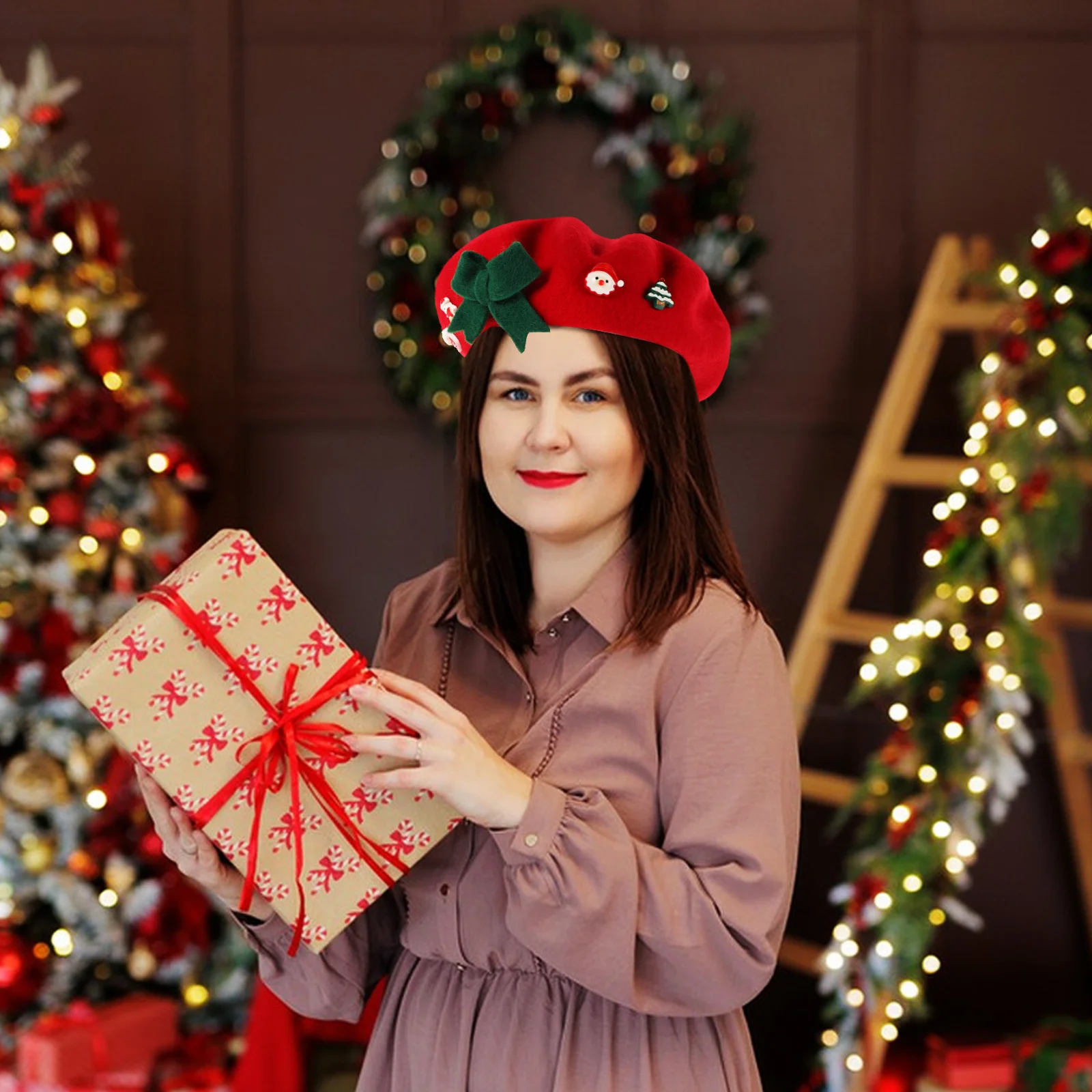 

Christmas Beret Hat For Women Kids Cute Wool Mushroom Style Bowknot Warm Fashion Holiday Artist Cap Accessory