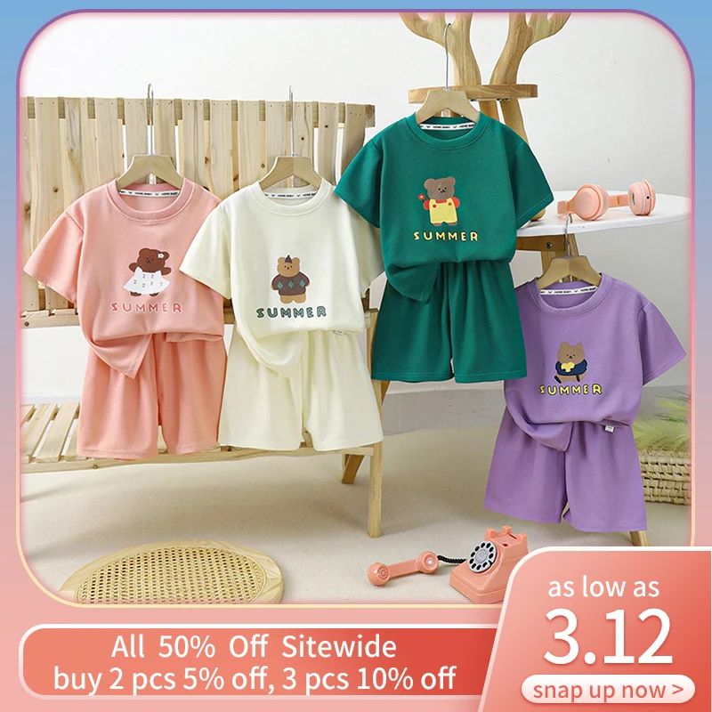 Cartoon Bear Short Sleeve Pant Sets Summer Baby Outfits Children Fashion Tee Soild Color Shorts Thin Cotton Clothes Tracksuits