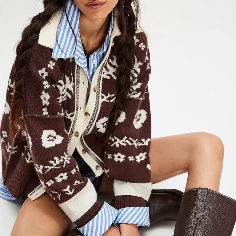 

Свободный вязаный кардиган с цветочным принтом, пальто, новый осенне-зимний женский кардиган с квадратным воротником и пуговицами, универсальные топы разных стилей