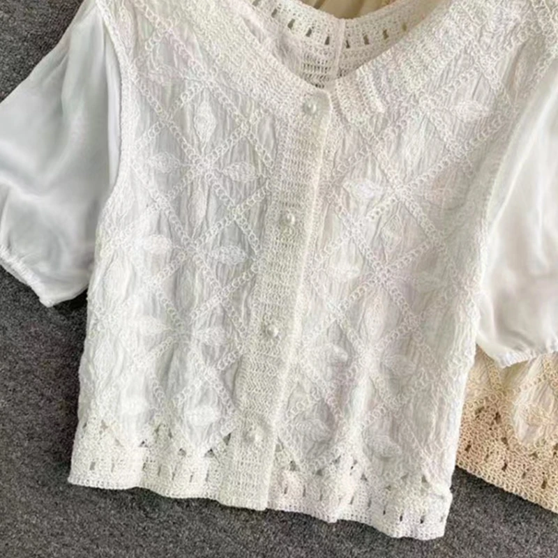 Puff Short Sleeve Tops Casual Creweck Loose Fit Solid Color Blouses Lace Embroidered Jacquard Trim Shirt for Women Girl