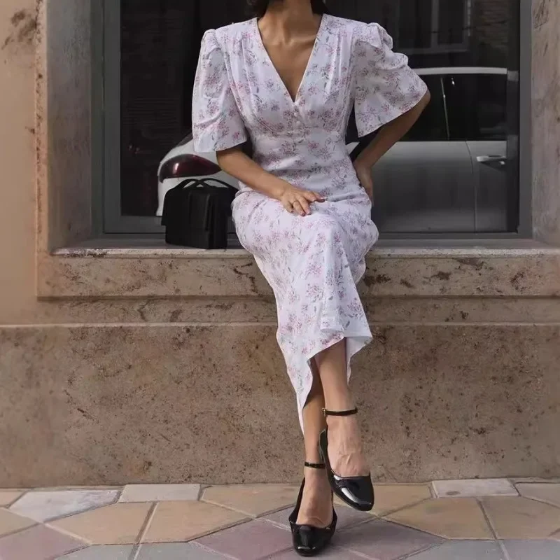 

2025 Spring New Products, Fresh Temperament, Deep V Chest, Puff Sleeves, Floral Slim Waist, Hip Dress, Long Skirt