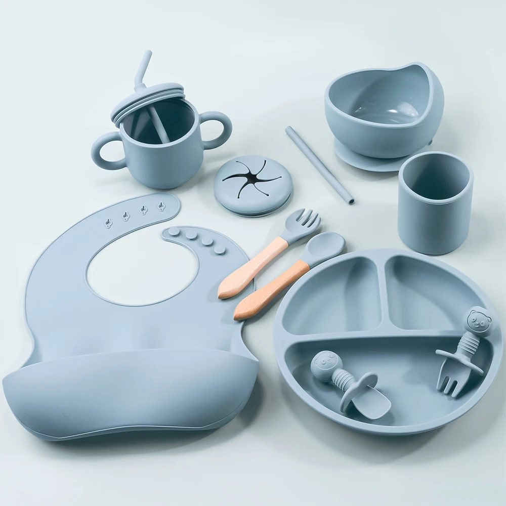 tyryhu-9-個シリコン食器セットベビー給餌セットシリコンディナープレートスプーンフォークウォーターカップボウル子供用