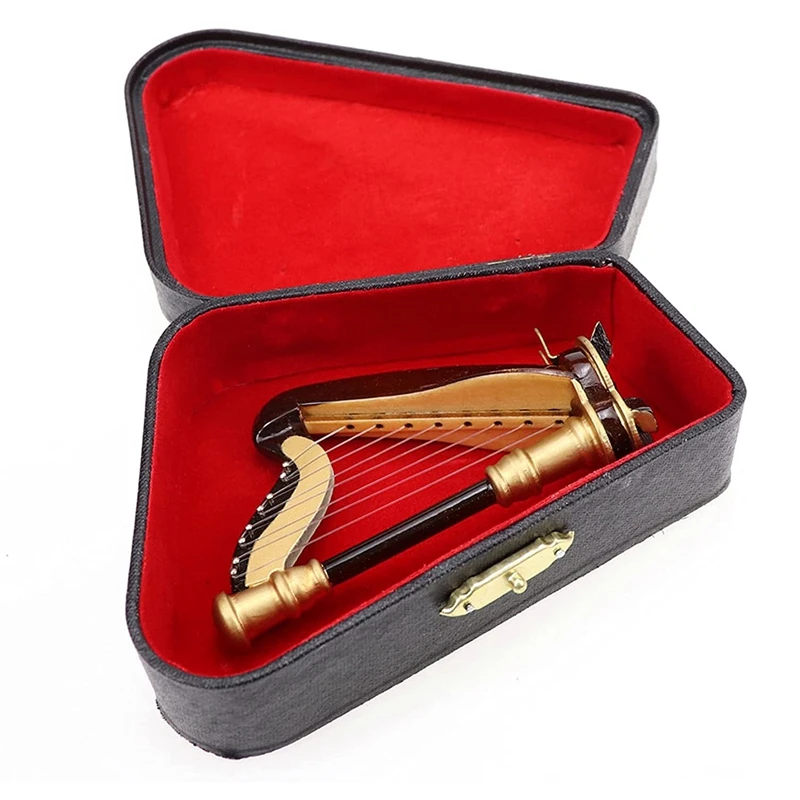 Wooden Miniature Harp With Case Mini Musical Instrument Replica Miniature Dollhouse Model Home Decoration