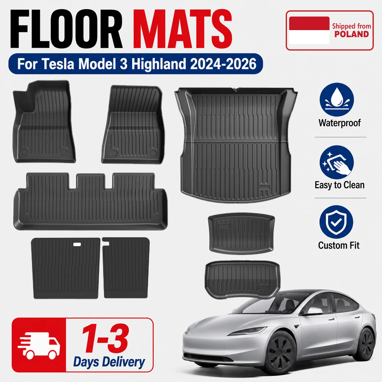 Für Tesla Model 3 Highland 2024-2026 TPE-Fußmatten Doppelschicht Allwetter Wasserdicht Rutschfest Kofferraum-Auskleidung Rücksitz-Rückenschutz