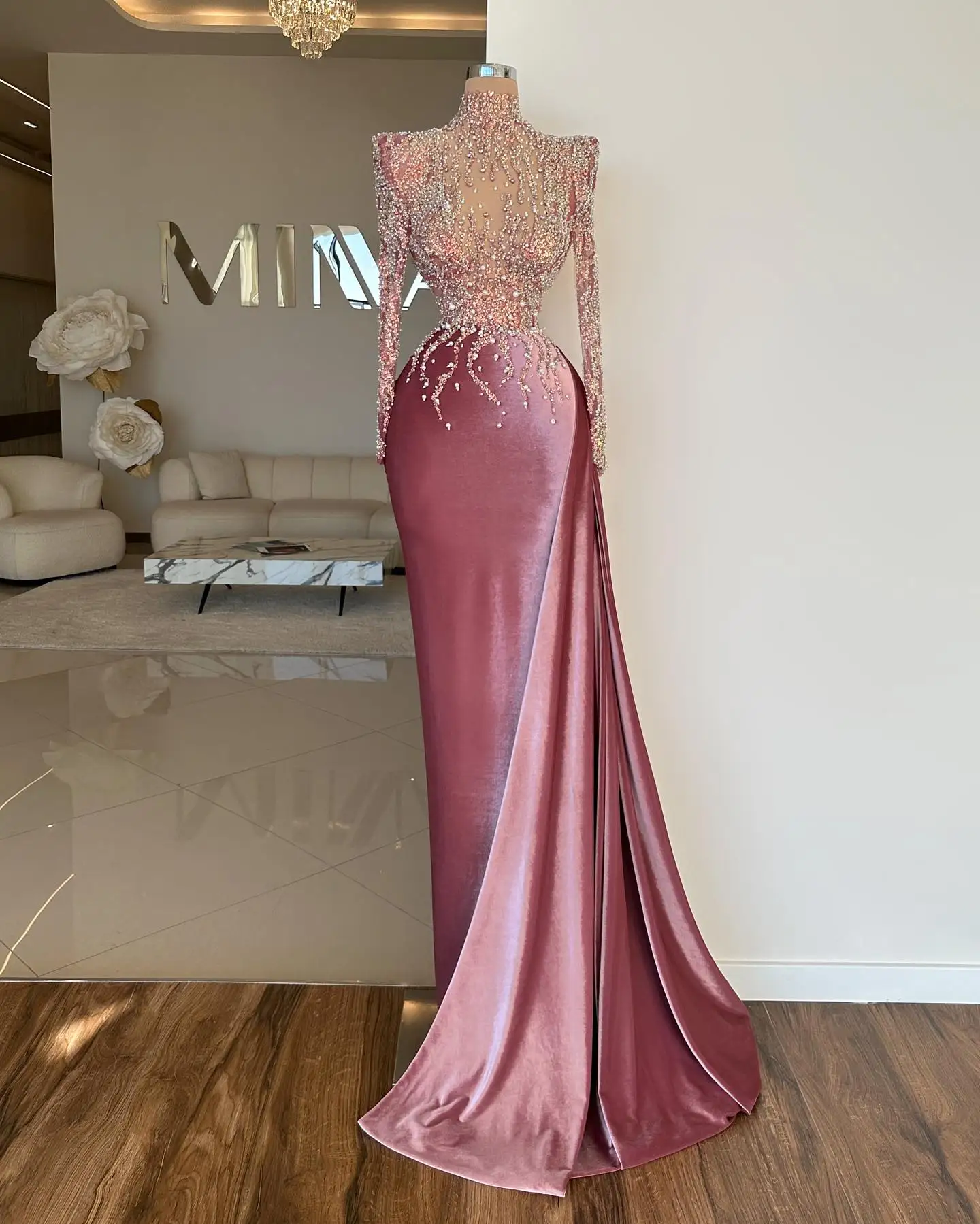 FATAPAESE Customized Maxi Evening Dress with a Side Train Prom Gown Top Lace Beaded and Bottom Velvet Skirt Sheath Fit Gown