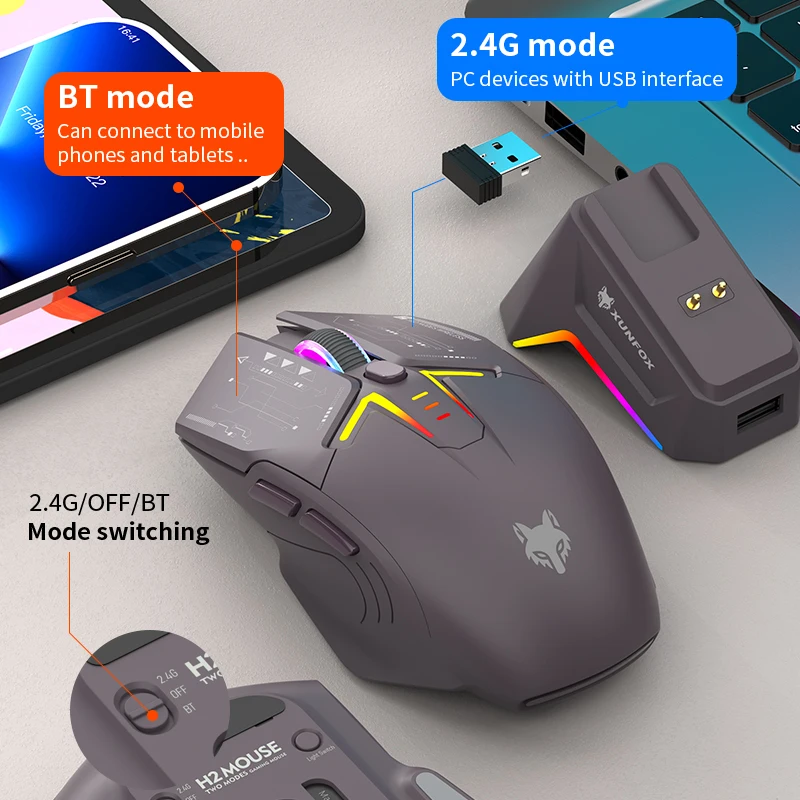 XUNFOX H2 ماوس بلوتوث لاسلكي RGB شحن مغناطيسي ثنائي الوضع لعبة رياضية إلكترونية سطح المكتب كمبيوتر محمول عالمي