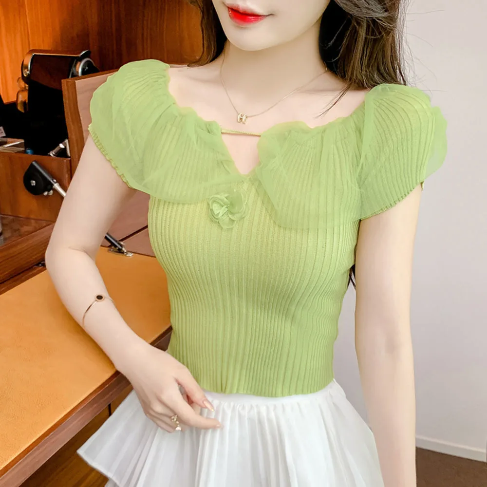 Summer Ice Silk Short Sleeves T-shirt For Women 2024 New Flower Design Sexy Short Tops Ladies Solid Casial Knit Thin Sweater Tee