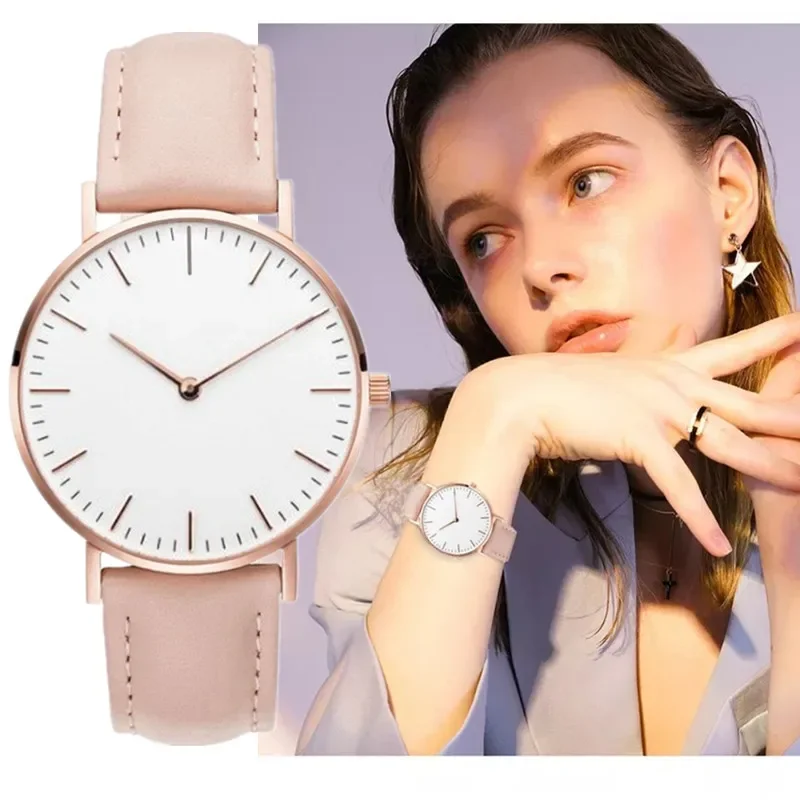 Simple Elegant Watch for Women 2024 Pink White Leather Watchband Dress Lady Wrist Watches Casual Female Clock Hot Montre Femme