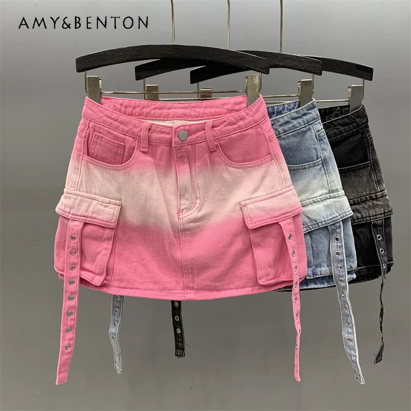 

Retro Gradient Pink Hot Girl Tooling Denim Skirt New Women's Clothes High Waist Slimming Anti-Emptied A-line Short Sheath Skirts