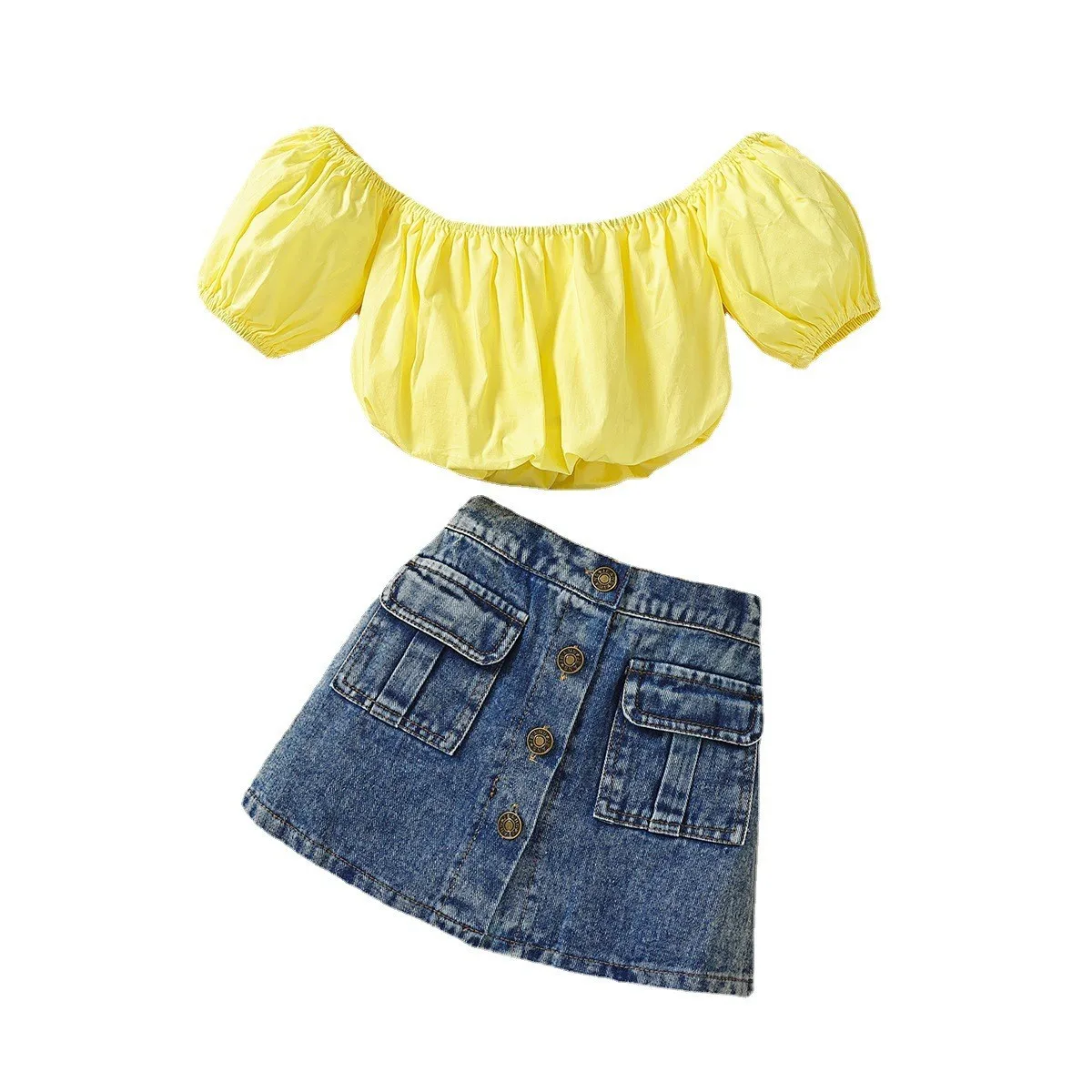 Girls Summer Denim Skirt Suit Kids Fashion  One-shoulder top + Denim Skirt 2Pcs Set Infant Clothes Trend 1-8Y