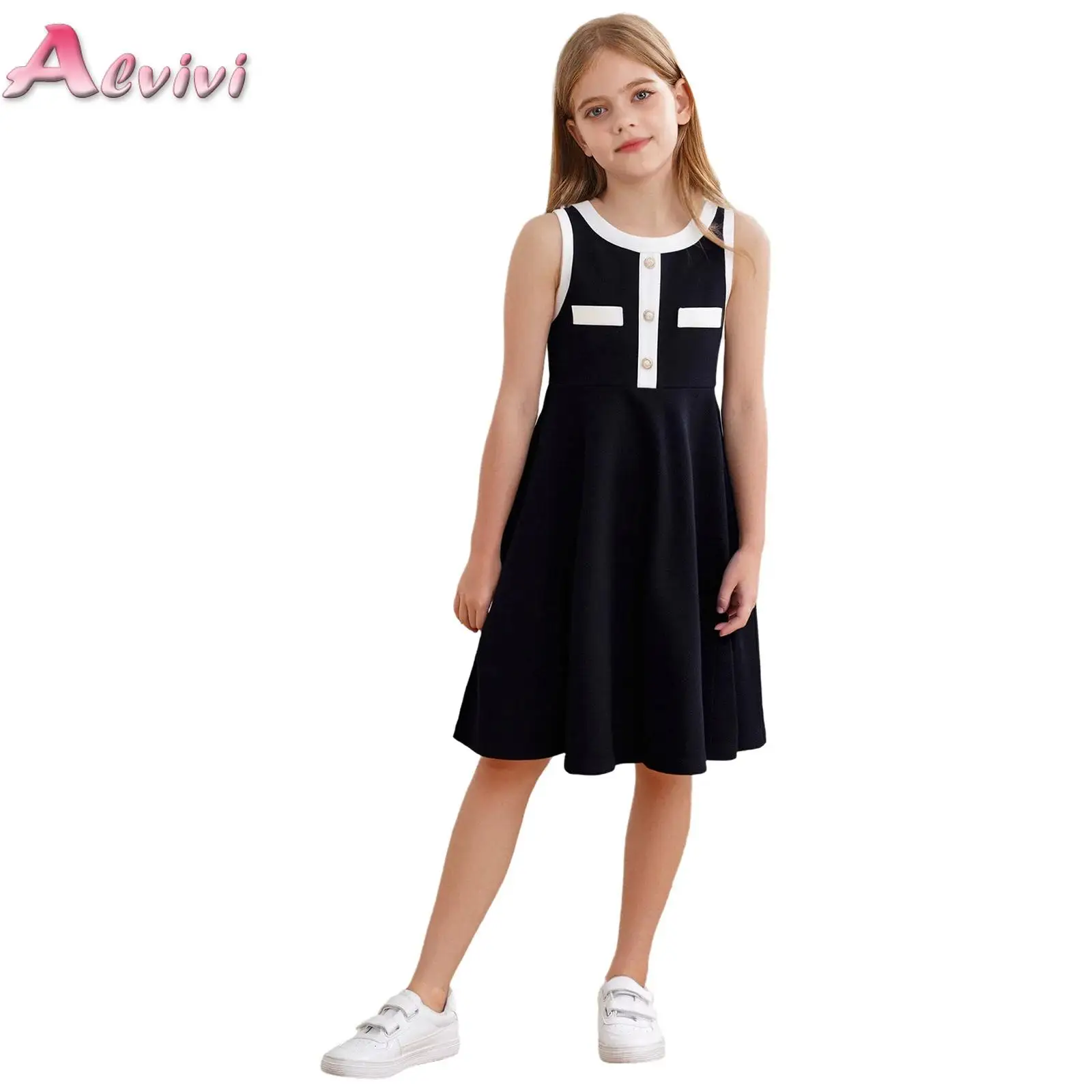 

Kid Girls Contrast Color Elegant Dress Fashion Sweet Princess Sleeveless Casual A-line Flared Dresses for Wedding Birthday Party