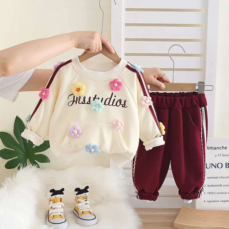 2-teiliger Trainingsanzug für kleine Mädchen, 3D-Sweatshirt mit buntem Blumendekor, Raglan-Sweatshirt, Seitenstreifen, Rüschenbündchen, Jogginghose, Kinder-Frühlingsset – Detail 5