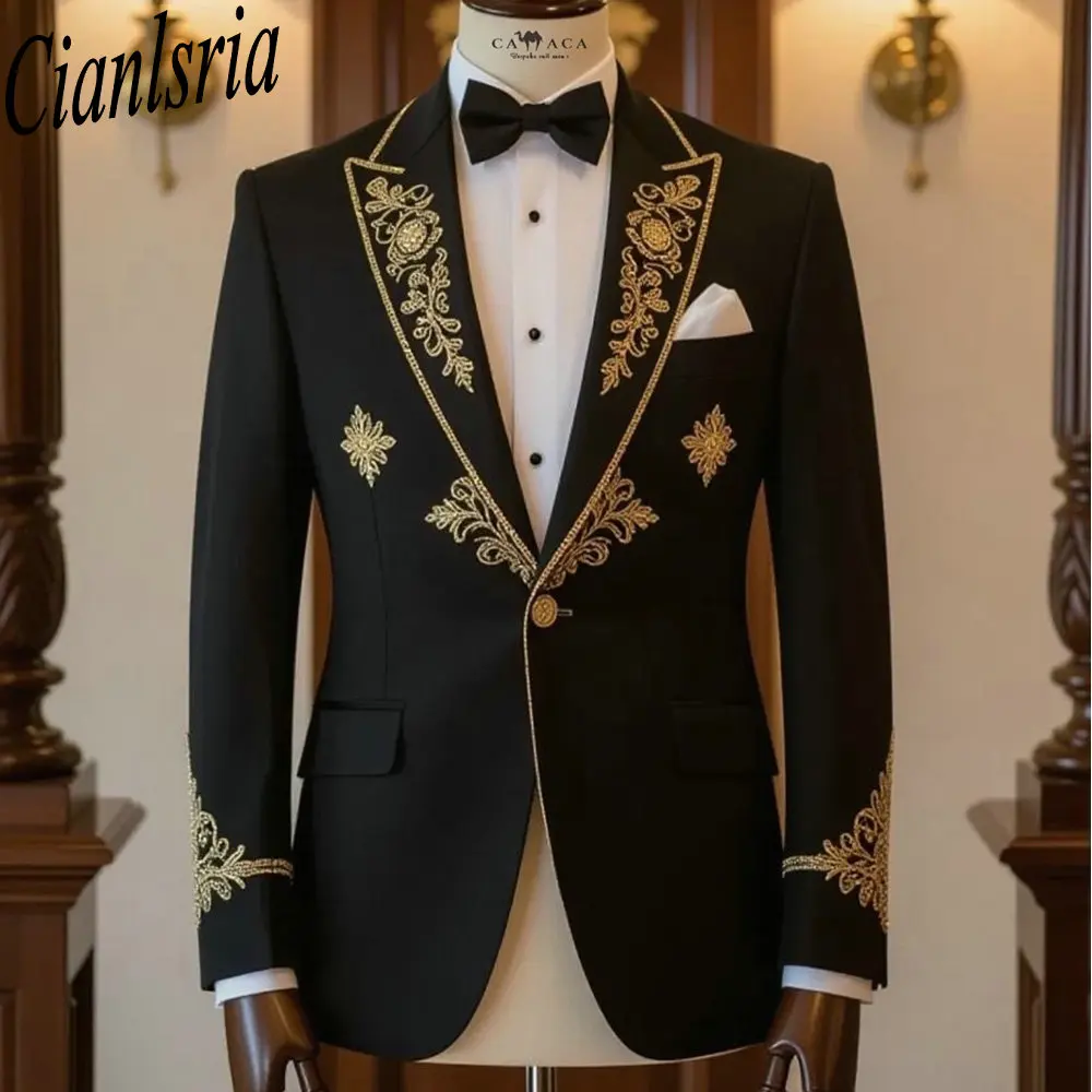 Men's Black Suit Coat with Gold Embroidered Trim Single Breasted Tuxedo for Groomsmen Wedding Formal Occasions