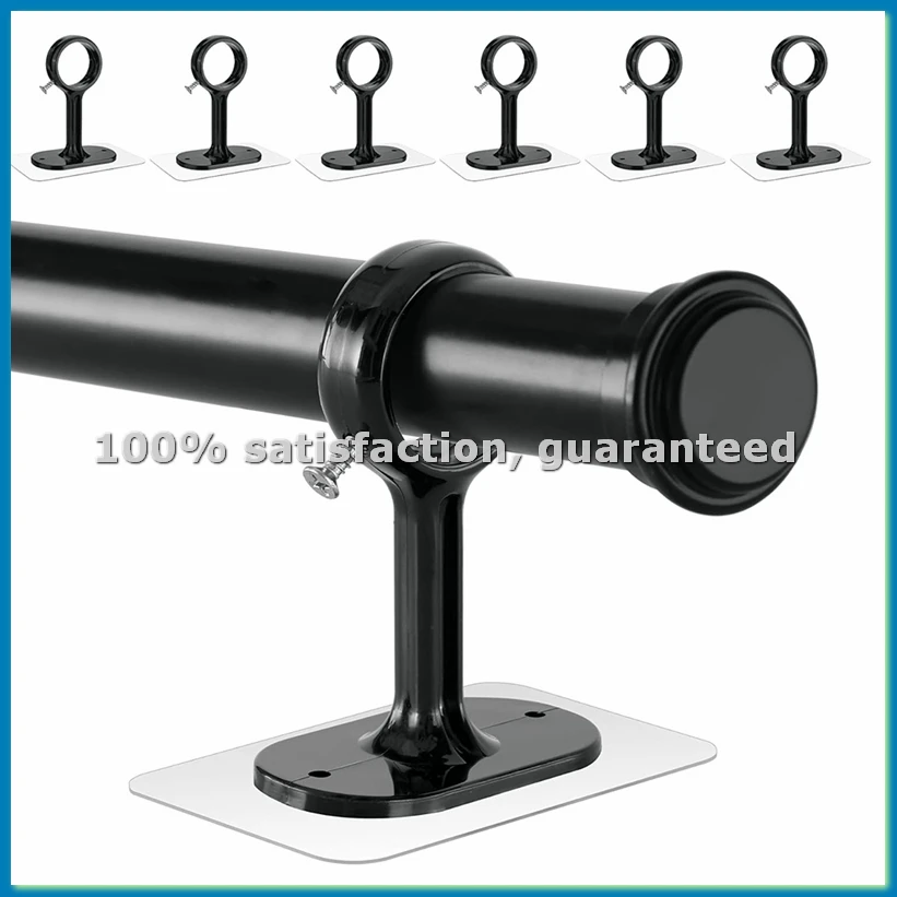 6 Pack No Drill Ceiling Mount Rod Brackets Heavy Duty Self Adhesive Holders Adjustable Hooks Hanging Black-ABFB