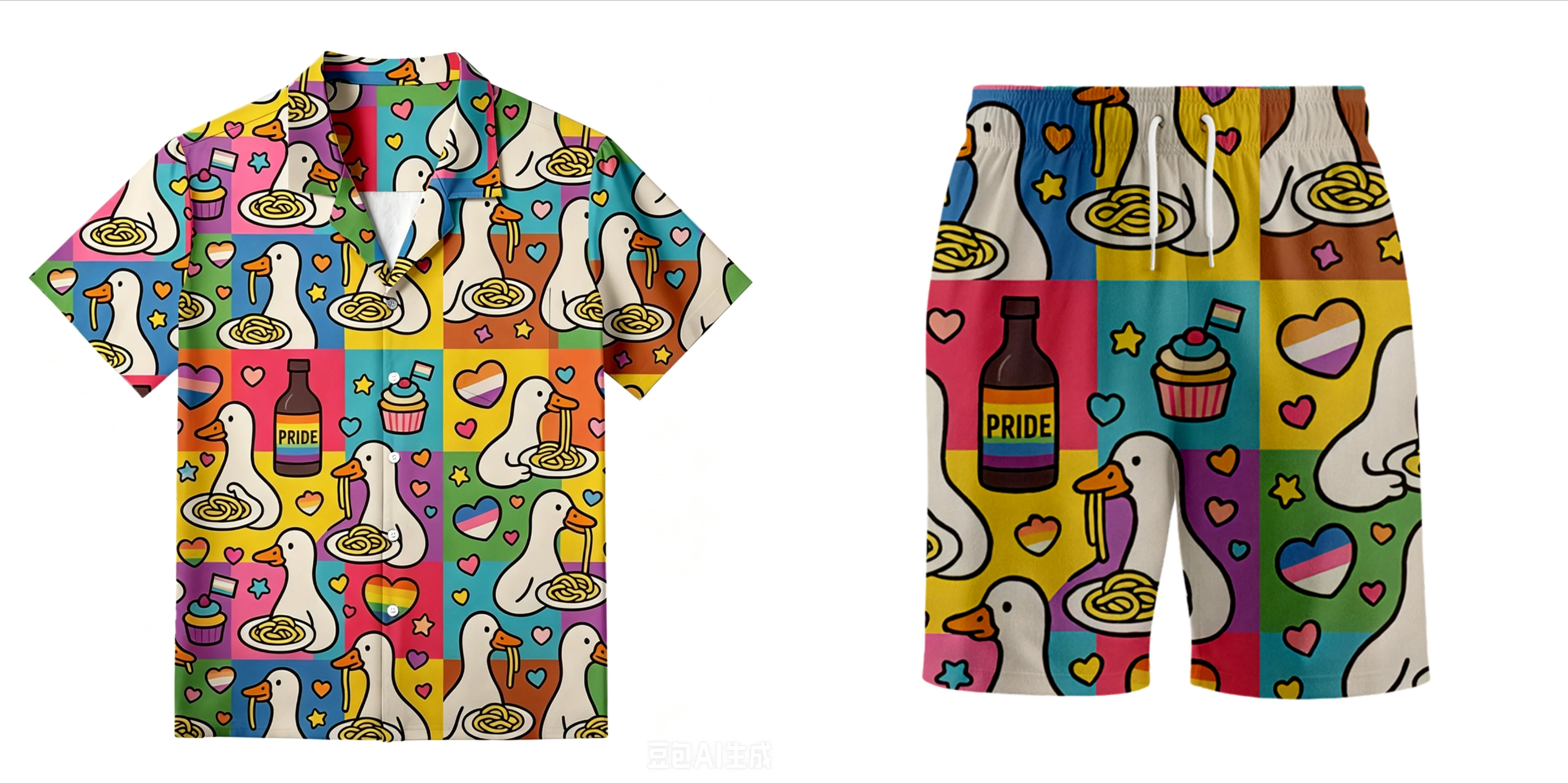

Proud Japanese Goose Eating Spaghetti Printed 3D Men's Shirt Set Retro Style Retro Handsome Couple Casual Fashion Shirt