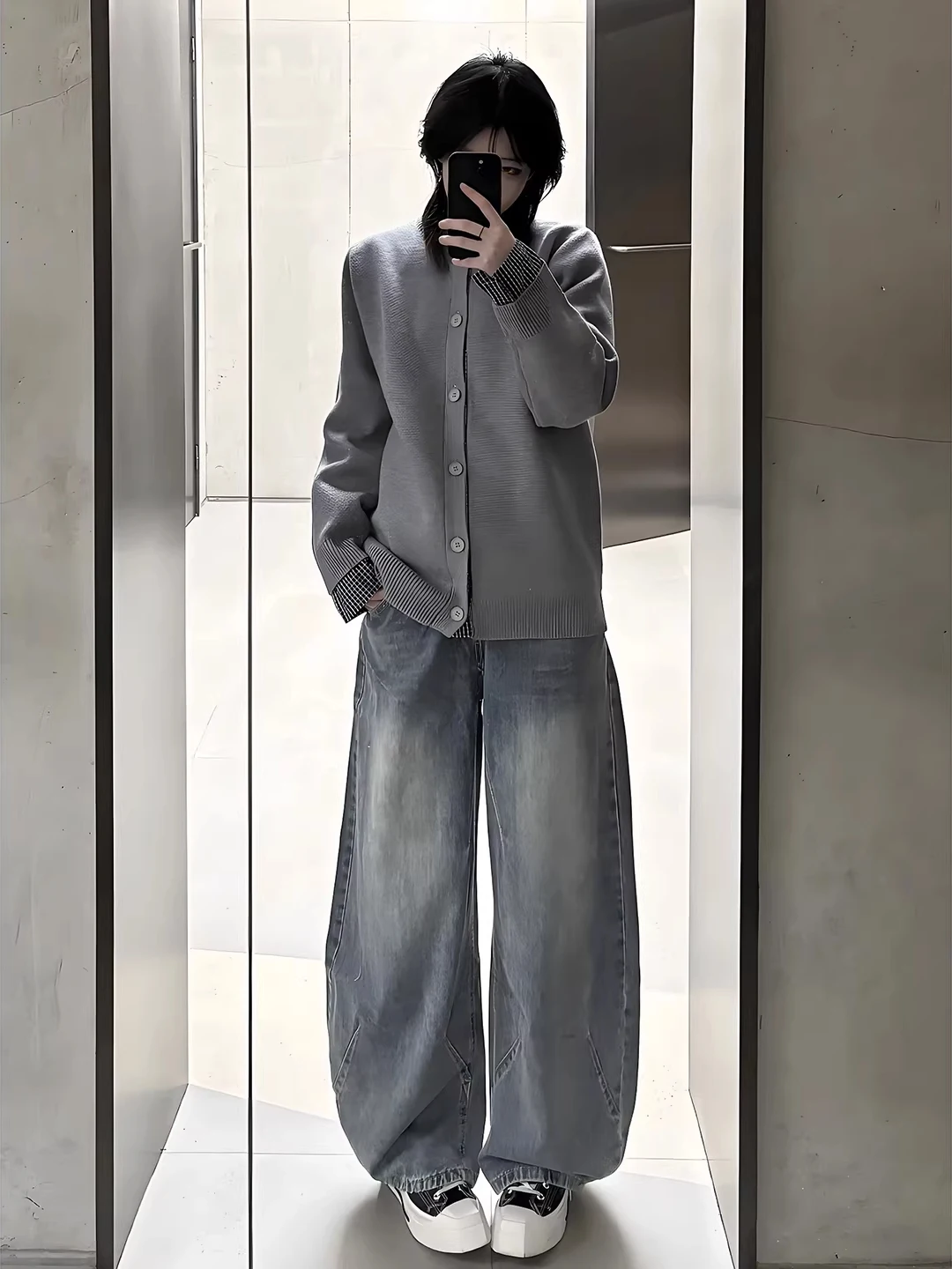 

Waed Blue Men's Bell Bot Jeans High Waist Straight Leg Retro American Sle Loose Wide Leg Pants Knife Workwear