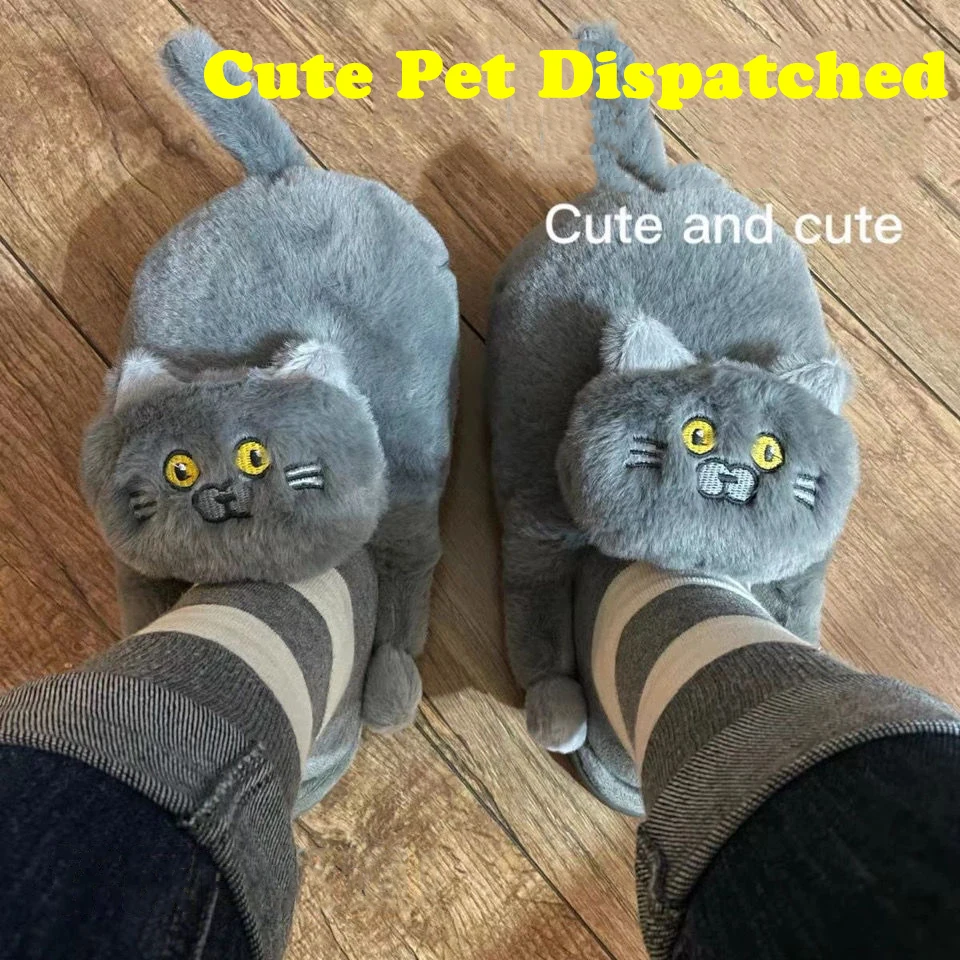 Cuddly Hug Plush Cotton Drag Cat-feel Half-heeled Slides Shoes for Fall and Winter Funny Cute Gift Women Men Slippers