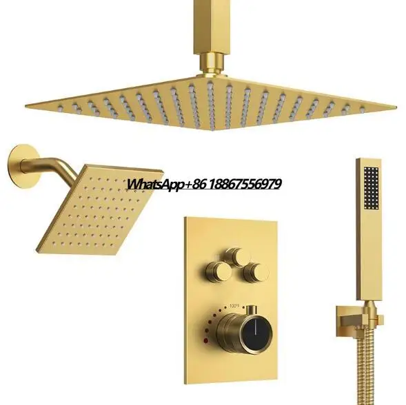 

Bathroom Luxury Brushed Gold Thermostatic High Flow Shower Set System Concealed Ceiling Big Rain Showerhead Set