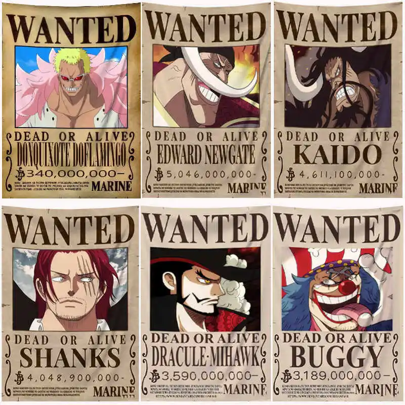 One Piece Manga Tapestry Wanted Poster Luffy Zoro Ace Four Emperors Bounty Print Wall Hanging Aesthetic Background Cloth Bedroom view 3