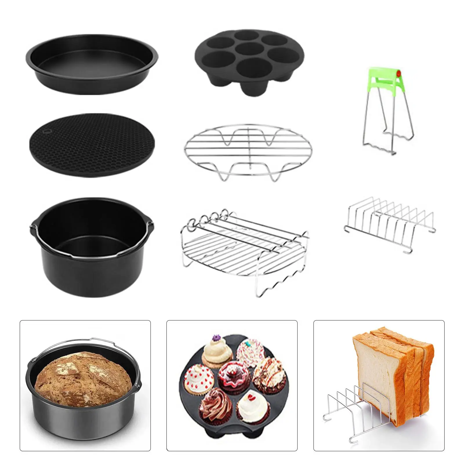 Set of 8 Accessories Steel Skewer Rack 7-Hole Muffin Cups Cake Barrel Fryer