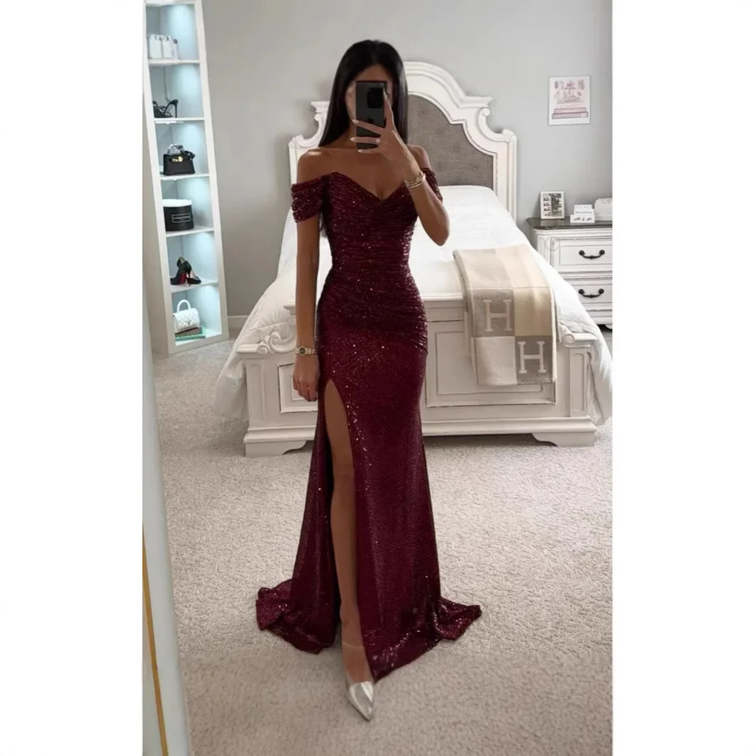 2025 Fashion Sexy Side Slit Shiny Sequins Women's Dress Loose Shoulder V-neck Temperament Elegant Dress Borderless Flashing Ligh