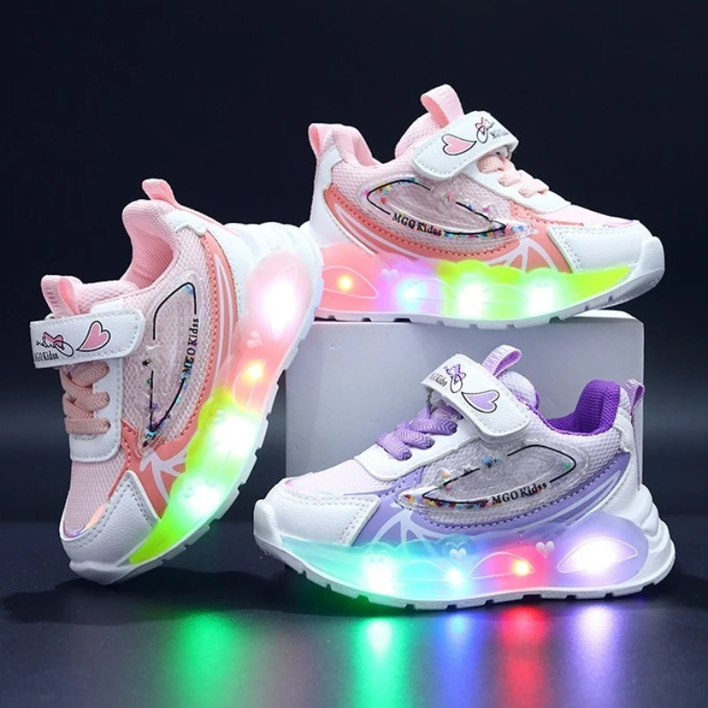 2026 Girls New Cartoon Sneakers Children Baby Spring Breathable Mesh LED Luminous Sports Shoes Kids Casual Autumn Light Up Shoes