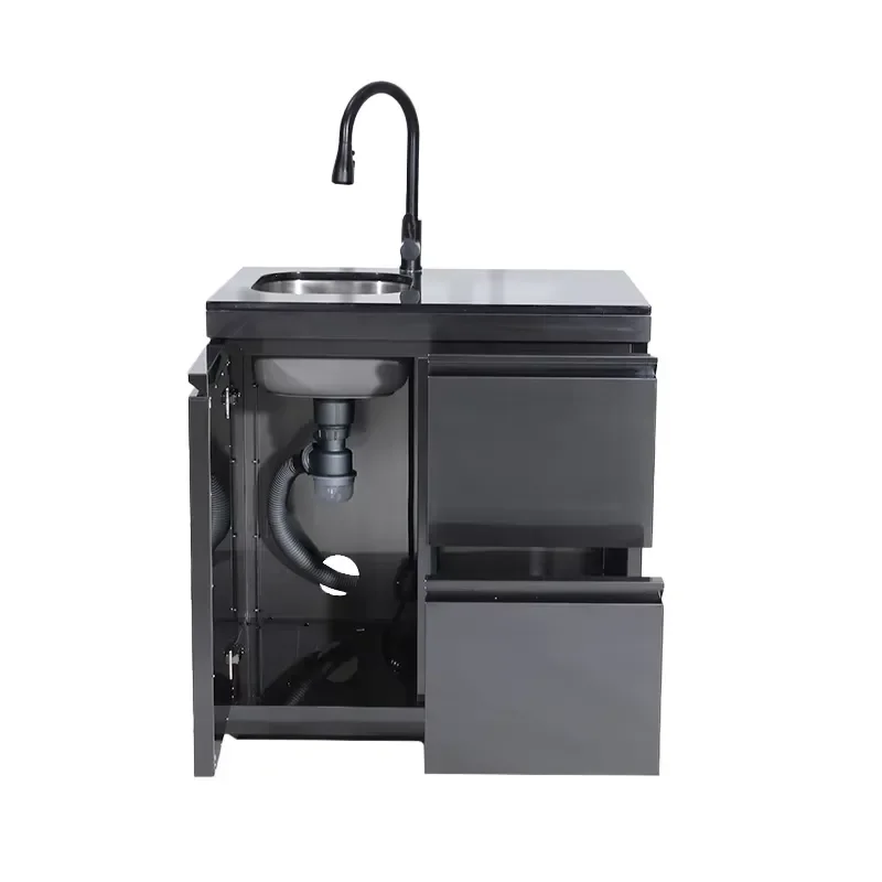 Outdoor kitchen double drawer sink cabinet set with black marble countertop storage cabinet