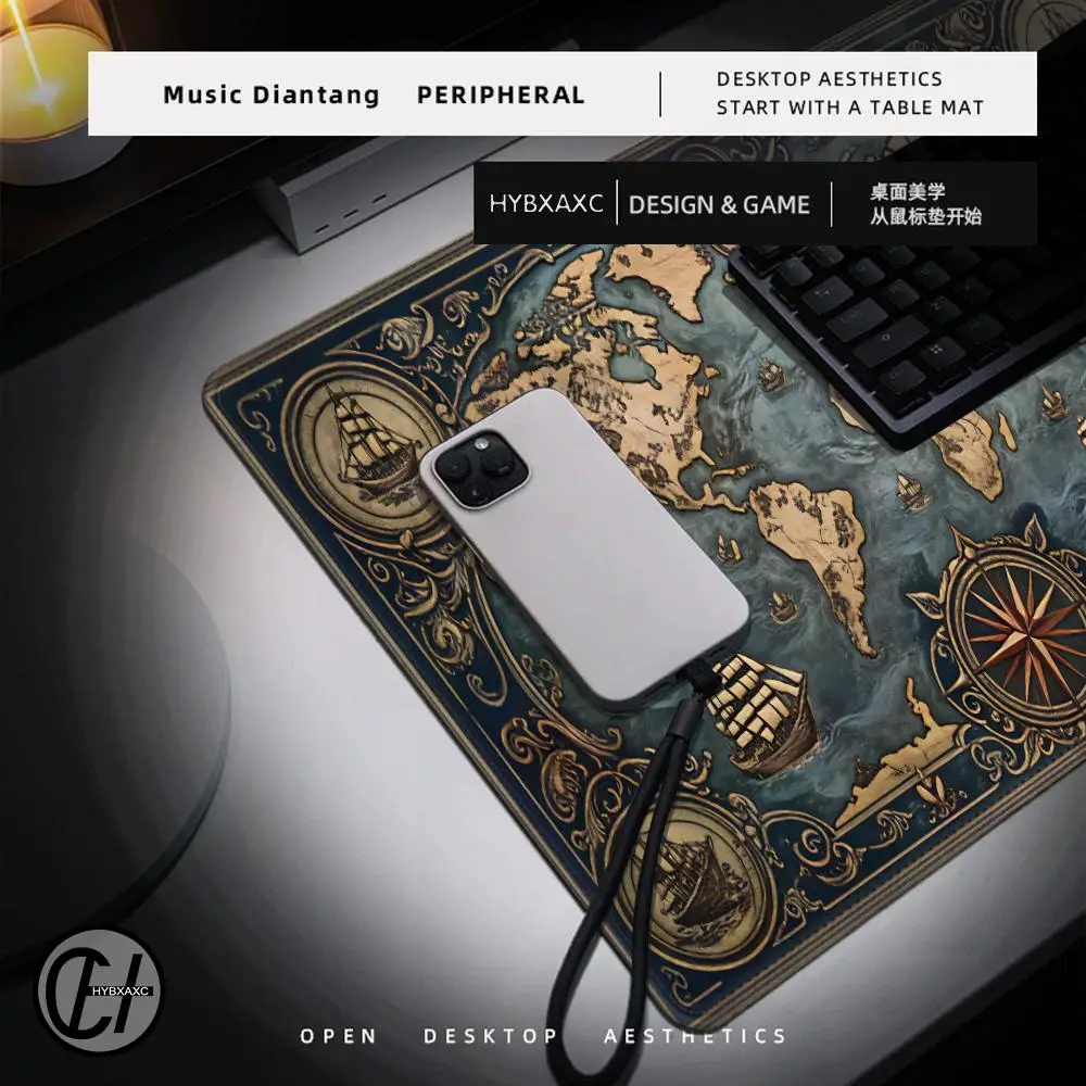 A Large Gaming Mouse Pad Featuring a Vintage-Style World Map Filled with Sailboats And Nautical Elements